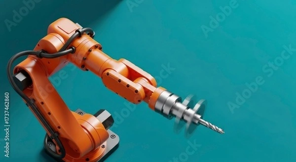 Fototapeta Precision drilling by an orange industrial robot arm on a teal background, symbolizing advanced m...