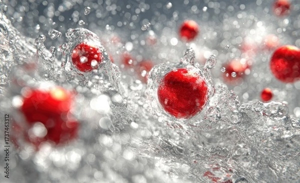 Fototapeta Red spheres emerge and splash into a clear, flowing liquid. Blurred backdrop