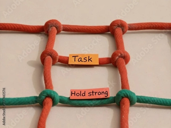 Fototapeta Colorful knots and labels on a rope grid for task management