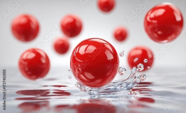 Fototapeta Red spheres splash into water, creating ripples, while others float blurred in a white backdrop