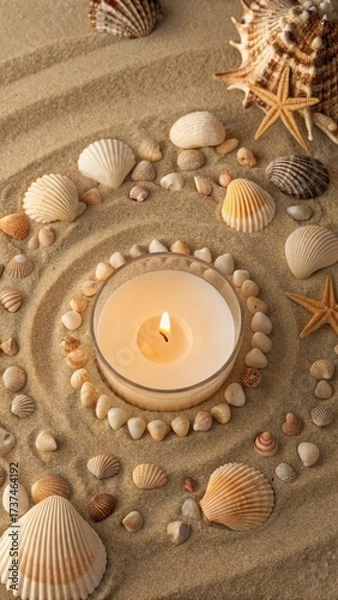 Fototapeta Tranquil Candle Arrangement with Seashells on Sandy Background