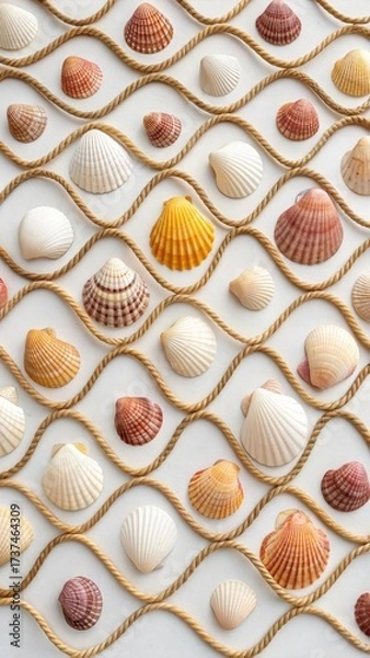 Fototapeta Textured Background of Seashells and Twisted Rope Design