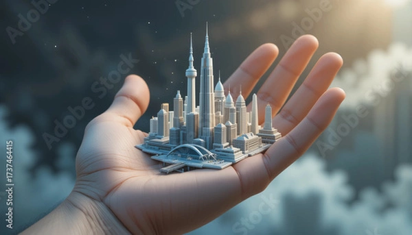 Fototapeta A human hand with a minimalist stylized 3D model of a future city in the palm. 