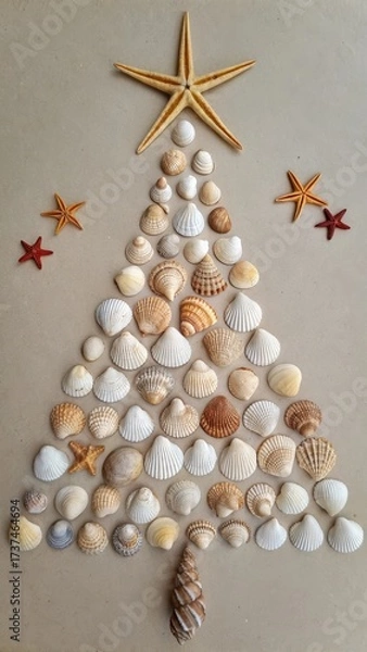 Fototapeta Creative Shell Christmas Tree Art with Starfish and Seashells