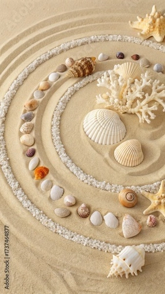 Fototapeta Intricate Arrangement of Seashells and Coral on Sandy Beach Surface