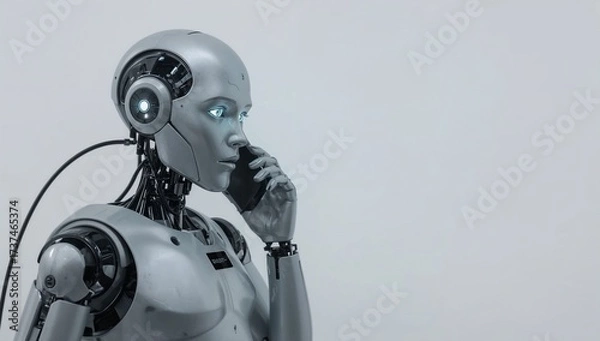 Fototapeta Futuristic android talking on smartphone in minimal white space