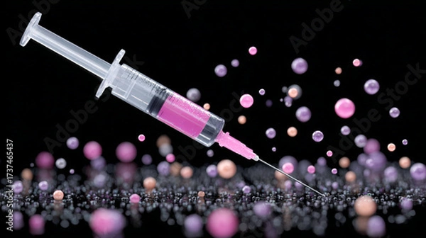 Fototapeta Medical syringe with pink liquid is positioned against a dark background, surrounded by colorful floating spheres, creating a vibrant and dynamic visual representation of healthcare and science