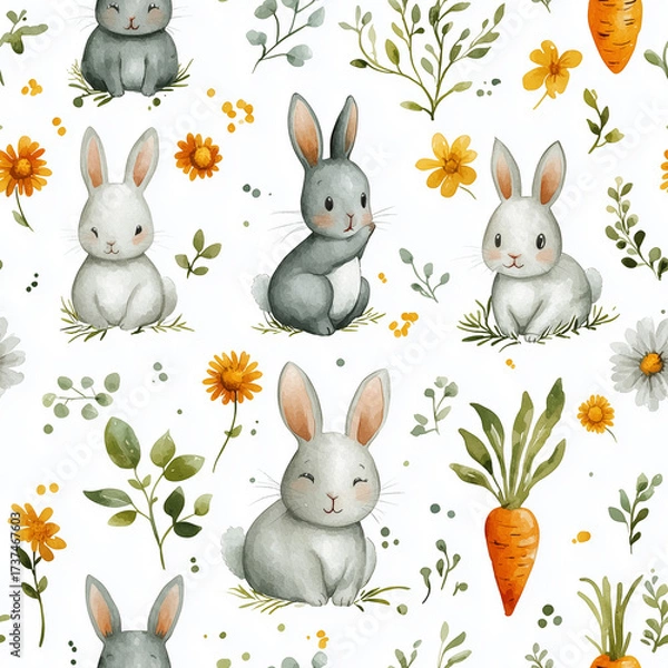 Fototapeta Seamless watercolor pattern featuring adorable bunnies, carrots and spring flowers. Hand painted illustration with spring floral elements