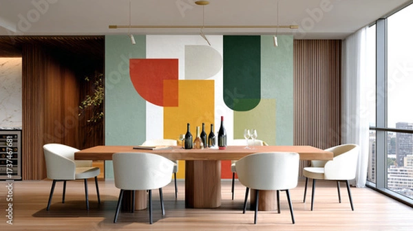 Fototapeta Modern dining room featuring a large wooden table surrounded by stylish white chairs, with a colorful abstract mural on the wall, creating a vibrant and inviting atmosphere