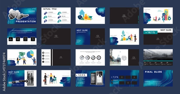 Obraz Business presentation, start, infographic design template with blue elements, white background. A team of people creates a city business. Financial work in a team. Use of flyers in marketing