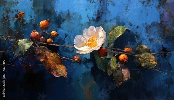 Fototapeta Painting of a flowering branch with leaves & fruit, set against a deep blue, textured background