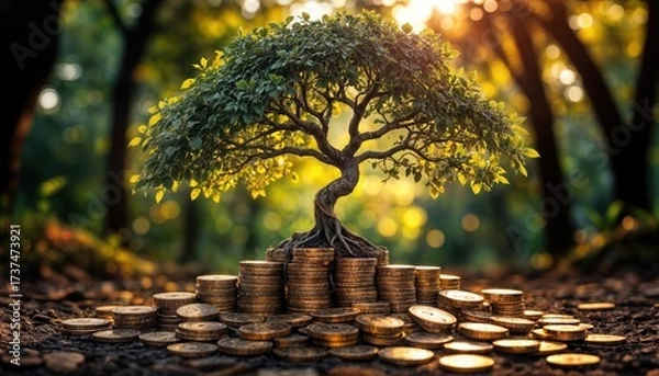 Fototapeta A tree stands tall above a pile of coins, representing growth and prosperity. Sunlight filters through the foliage, creating a serene and hopeful atmosphere.