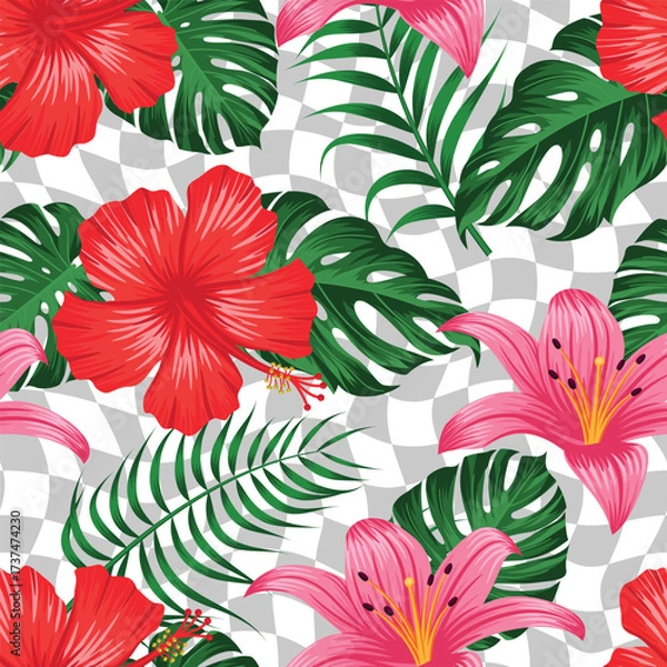 Fototapeta Floral seamless pattern with leaves. tropical background on groovy grey checkerboard seamless pattern, geometrical pattern	
