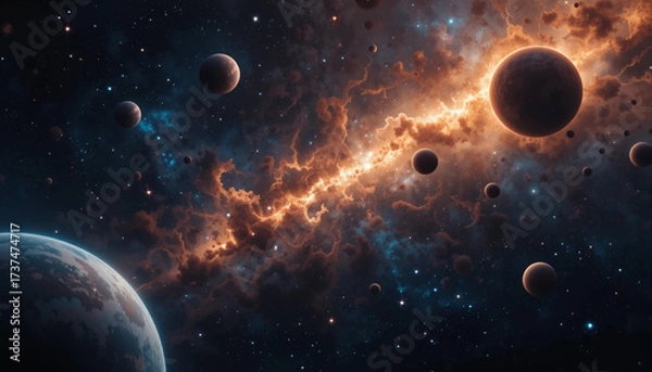 Fototapeta Planets in outer space with colorful galaxies in the background.