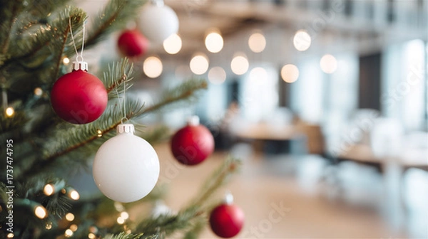 Fototapeta Christmas tree branches, adorned with red and white ornaments and warm string lights, creating a festive holiday atmosphere in a modern, blurred office background with bokeh effects
