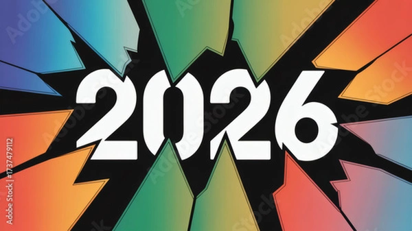 Fototapeta Bold 2026 year centered with colorful radial shards and gradient starburst dynamic abstract explosion for modern event poster banner and wallpaper