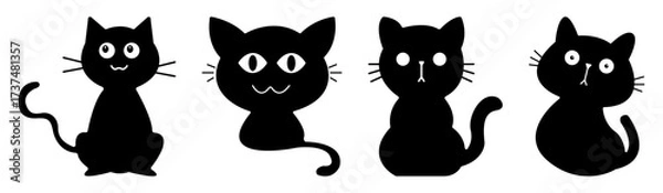 Obraz Black cats silhouettes set for halloween and other. Vector cat shapes isolated on white background.