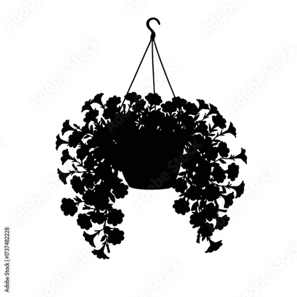 Fototapeta Silhouette of cascading petunias in a hanging flower pot a decorative botanical element silhouette flat design vector illustration white background