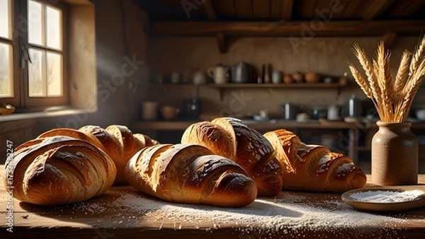 Fototapeta Fresh Artisan Bread and Croissants on Rustic Wooden Table