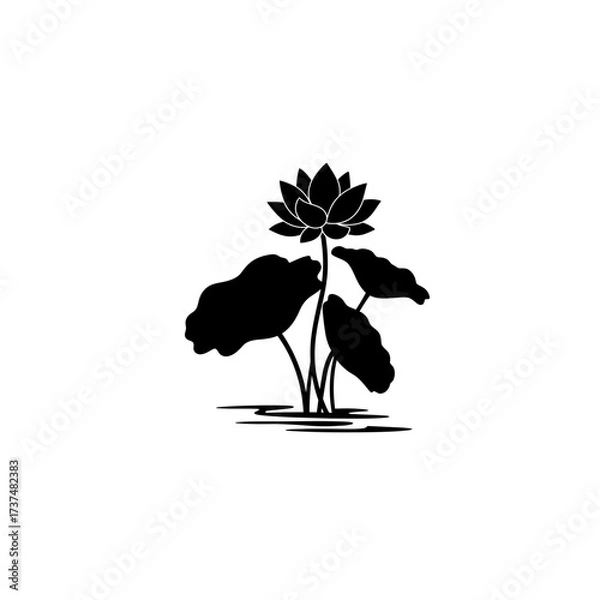Fototapeta Elegant silhouette of a blooming lotus flower with pad and water reflections silhouette flat design vector illustration white background