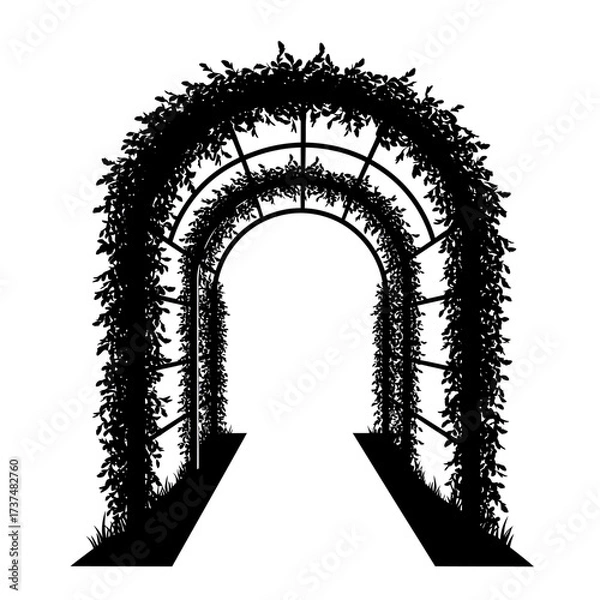 Fototapeta Black silhouette of a lushly overgrown garden archway with a path leading through silhouette flat design vector illustration white background
