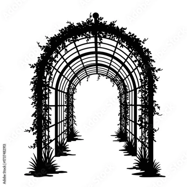 Fototapeta Archway garden trellis covered in lush greenery and vines creating a romantic pathway silhouette flat design vector illustration white background