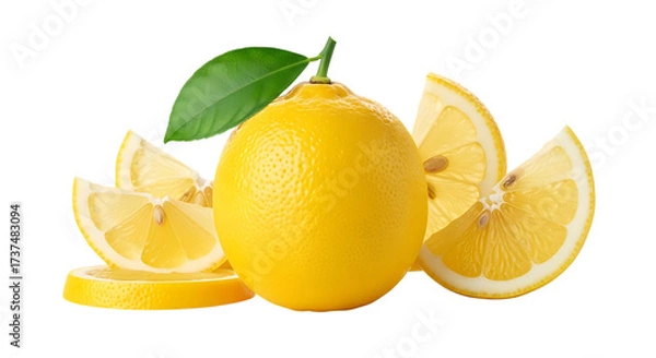 Fototapeta Fresh lemon and slices isolated on transparent background