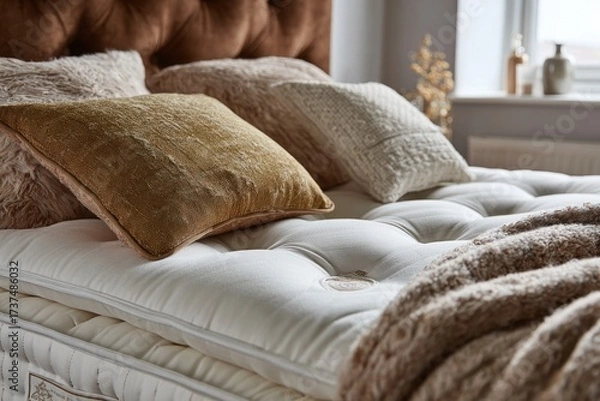 Fototapeta A cozy bedroom scene features a plush mattress with textured pillows and a decorative headboard