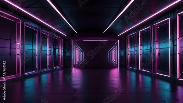 Fototapeta Glowing Futuristic Neon Tunnel with Symmetrical Light Design