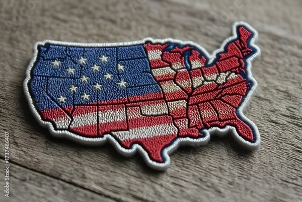 Fototapeta Embroidery Patch of United States Map with American Flag Design on Wooden Surface