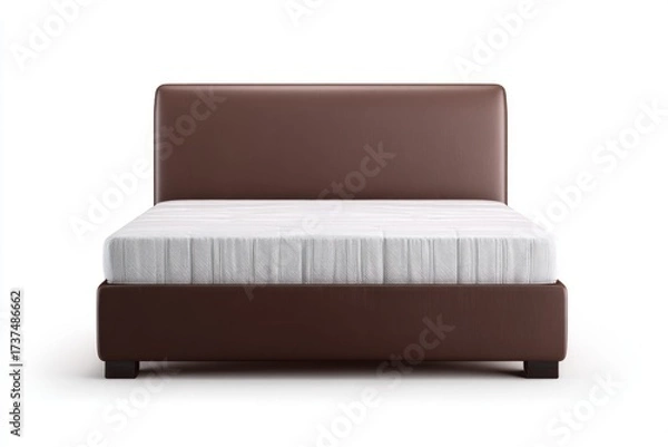 Fototapeta A modern bed features a brown leather headboard and frame, with a white mattress
