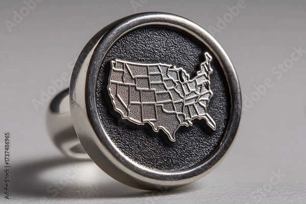 Fototapeta Silver Round Stamp with United States Map and State Borders with Dark Background