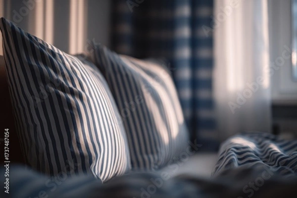 Fototapeta Softly lit close-up of striped pillows on a bed, with a curtained window in the background
