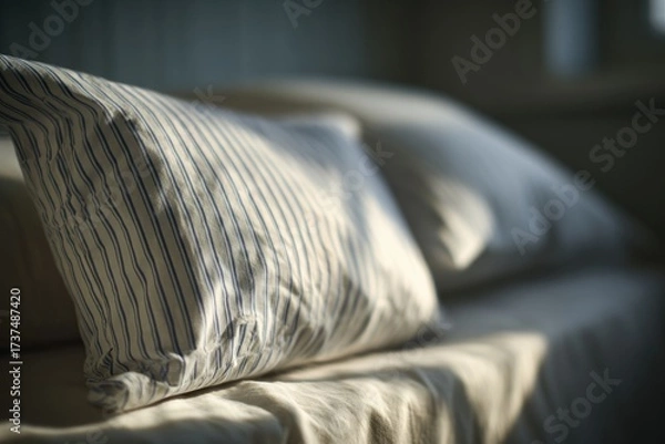 Fototapeta Sunlight streams onto striped pillows and a rumpled bed, creating a calming, cozy scene