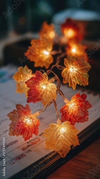 Obraz Creator Fall Content Plan, glowing maple leaf fairy lights in autumn colors softly illuminate planner calendar on cozy wooden desk, showcasing seasonal content scheduling with warm ambient lighting
