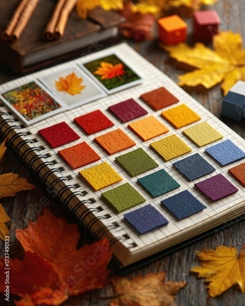 Obraz Creator Fall Content Plan, top-down flat-lay of colorful autumn paper swatches on spiral notebook with fallen leaves and cinnamon sticks, styled on rustic wooden table for seasonal content design