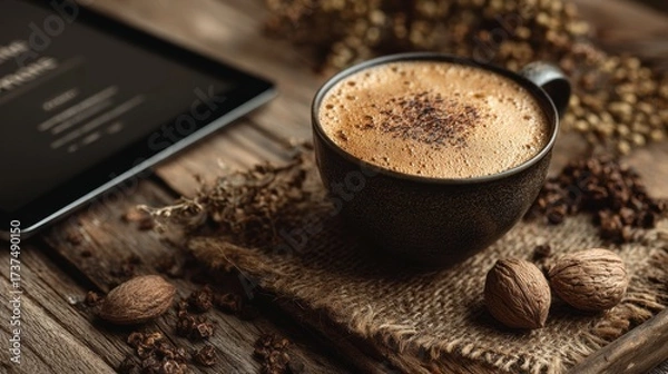 Obraz Creator Fall Content Plan, rustic flat-lay with warm cappuccino, walnuts, dark wooden textures, and tablet on a cozy tabletop, styled for grounded creative planning, seasonal light