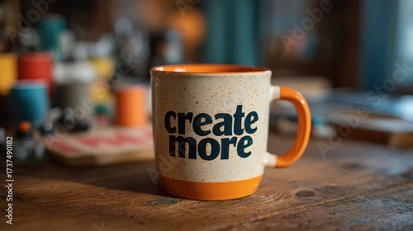 Obraz Creator Fall Content Plan, cozy ceramic coffee mug with create more quote on rustic wooden table in softly lit indoor workspace, styled for autumn productivity, warm inspiration, and focused creative