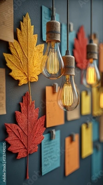 Obraz Creator Fall Content Plan, cozy wall board decorated with colorful autumn leaves, sticky notes, and glowing Edison-style light bulbs arranged for seasonal planning, warm inspiration