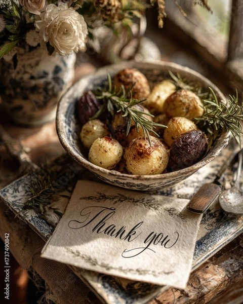 Obraz Thanksgiving celebrations on a budget, rustic bowl of roasted baby potatoes and beets with rosemary, styled beside handwritten thank you napkin in warm sunlit setting for cozy seasonal gatherings