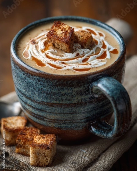 Obraz Thanksgiving celebrations on a budget, creamy soup topped with seasoned croutons and cream drizzle served in rustic ceramic mug on cozy napkin for warm and nourishing seasonal gatherings