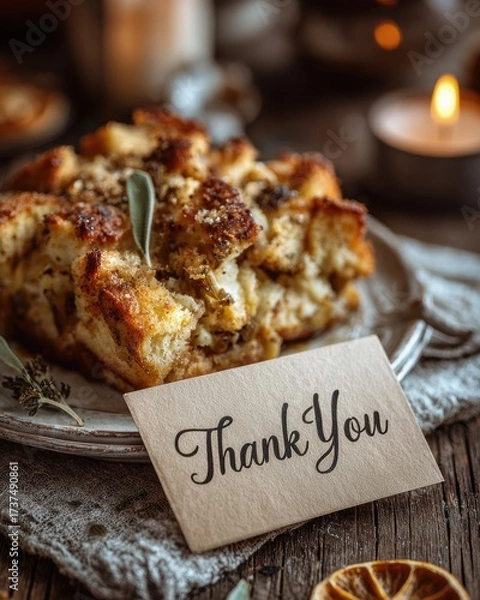 Obraz Thanksgiving celebrations on a budget, savory bread stuffing served on rustic plate with fresh herbs, thank you card and warm candlelight styled for cozy holiday table and heartfelt seasonal gratitude