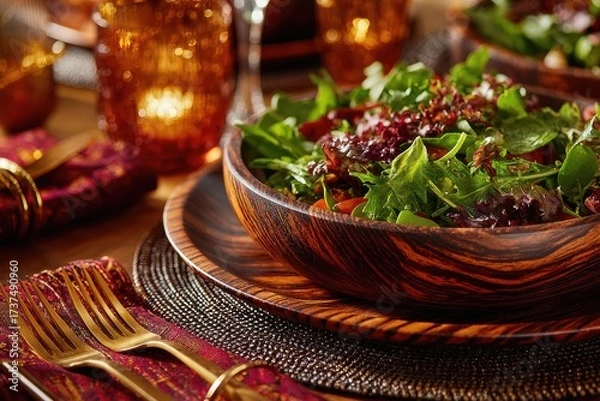 Obraz Thanksgiving celebrations on a budget, fresh green salad with cranberry and grape garnish served in wooden bowl on richly styled holiday table with gold utensils and textured red napkins