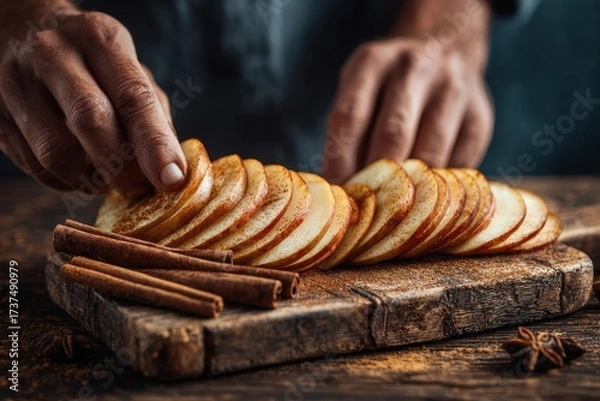 Obraz Thanksgiving celebrations on a budget, fresh apple slices arranged by hand on rustic wooden cutting board with cinnamon sticks, capturing cozy seasonal meal prep and traditional holiday ingredients