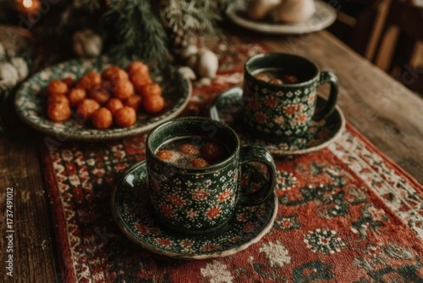 Obraz Thanksgiving celebrations on a budget, vintage ceramic tea cups with dark cozy beverage and golden holiday snacks served on red-patterned textile in warm rustic