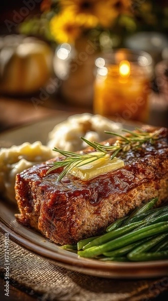 Obraz Thanksgiving celebrations on a budget, hearty meatloaf with rosemary and butter served with mashed potatoes and green beans, traditional comfort food for cozy autumn dinner in warm rustic seasonal