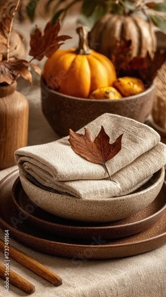 Obraz Thanksgiving celebrations on a budget, minimalist fall table setting with rustic ceramic plate, folded napkin and dried leaf decor, warm neutral tones and nature-inspired holiday flatlay