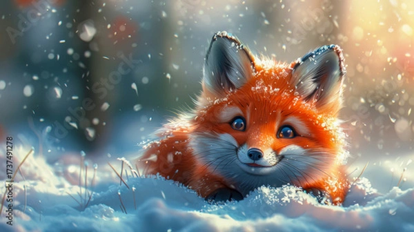 Fototapeta Cute red fox cub in snowy forest, winter wonderland. Copy space.