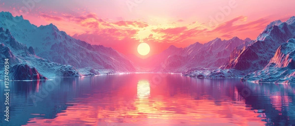 Fototapeta Surreal spheres on serene fantastic landscape with water reflection in futuristic style at sunset with pastel colors. 3d render. Copy space.