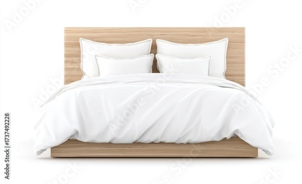 Fototapeta A neatly made bed with white linens and pillows, set against a light wood headboard
